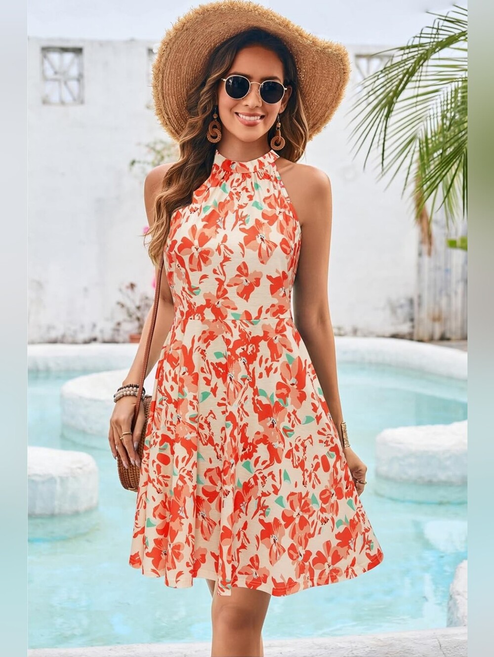 Coral OUGES Women's Halter Neck Summer Dress Size XL  A-Line Beach NWT - Picture 3 of 8